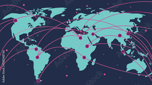 World map illustration with pink lines connecting dots on continents in a network visualization style