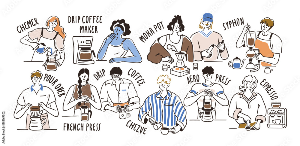 Obraz premium Coffee brewing methods set. Barista using different equipment for preparing cup. Espresso and dip machine, cezve, moka pot, French press. Flat vector illustration isolated on white background