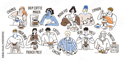 Coffee brewing methods set. Barista using different equipment for preparing cup. Espresso and dip machine, cezve, moka pot, French press. Flat vector illustration isolated on white background