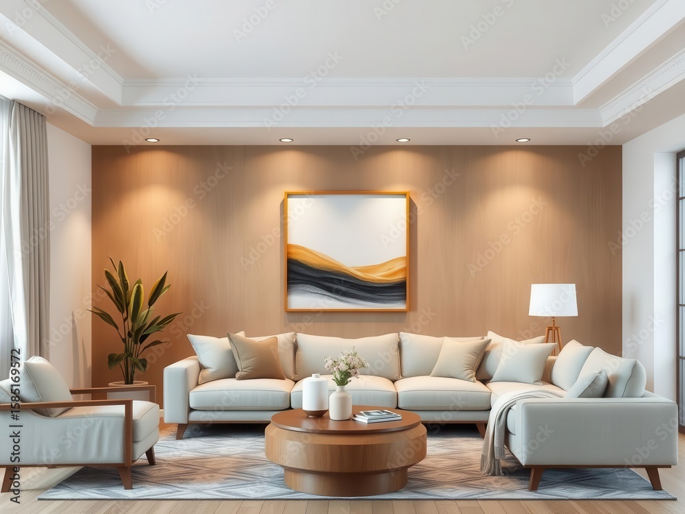 Fototapeta premium Cozy living room with modern wall art mockup and comfortable layout, living room, stylish, cozy