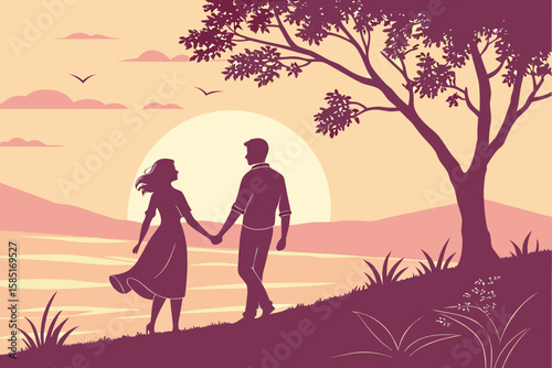 Silhouette of a couple holding hands at sunset by a lake, with a tree and birds in a serene landscape. Perfect for romantic or nature-themed designs.
