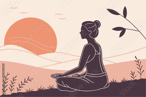 Silhouette of a woman meditating at sunset with birds and plants in a tranquil landscape. Ideal for wellness, yoga, or nature-themed designs.