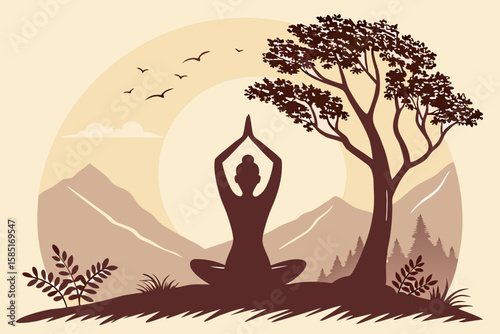 Silhouette of a woman meditating with hands in prayer pose at sunrise, surrounded by mountains, trees, and birds in a serene landscape. Ideal for yoga or wellness designs.