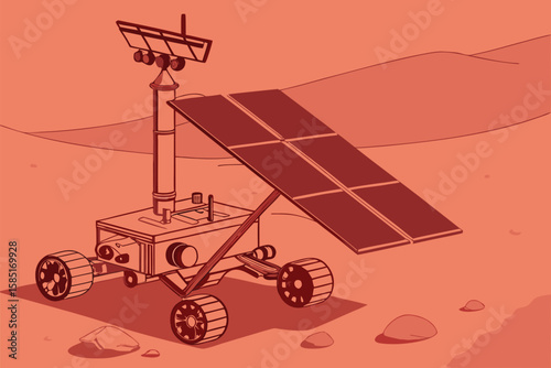 Illustration of a mars rover with solar panels on a red planet surface landscape scene view image
