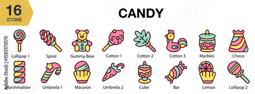 Candy flat icon set. Includes candy, sweet, sugar, dessert, treat, and More. Flat icons vector collection.