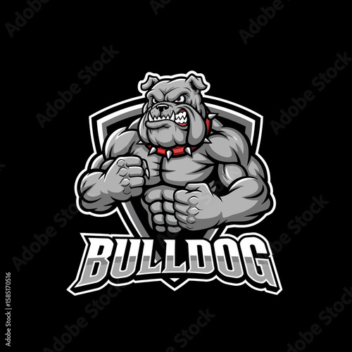 Adobe illustrator artwork of a strong, vibrant bulldog mascot logo with powerful muscles and a fierce expression, perfect for e-sports teams, gaming, or a bold brand identity