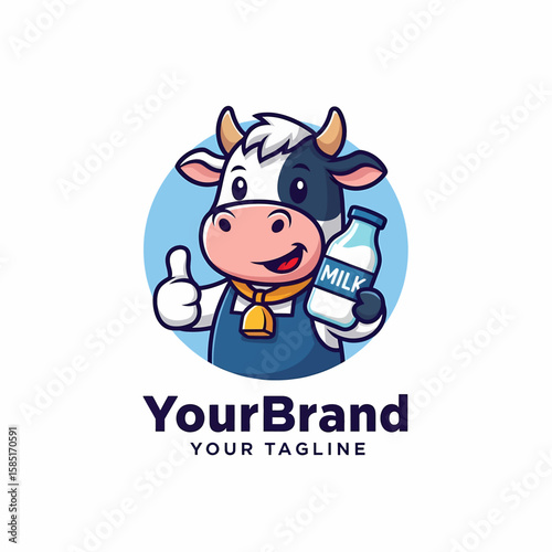 Adobe illustrator artwork of a cute and cheerful cow mascot logo with a thumbs-up, happily holding a milk bottle, perfect for dairy product or beverage branding