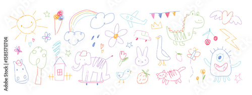 Kids doodle drawings set. Hand-drawn pencil sketches, childrens scribbles. Childs house, flower, sun, rainbow, naive childlike-style pictures. Flat vector illustration isolated on white background