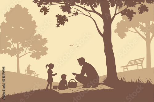 Silhouette of a family picnicking under trees in a park with birds and benches. Ideal for family, nature, or outdoor-themed designs.