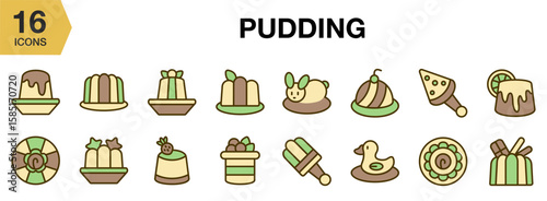 Pudding flat icon set. Includes pudding, dessert, sweet, creamy, food, and More. Flat icons vector collection.