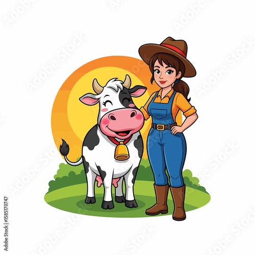Adobe illustrator artwork of a cute and cheerful cow mascot logo character with a bell, standing happily on a grassy patch under a warm sun, ideal for dairy farm branding