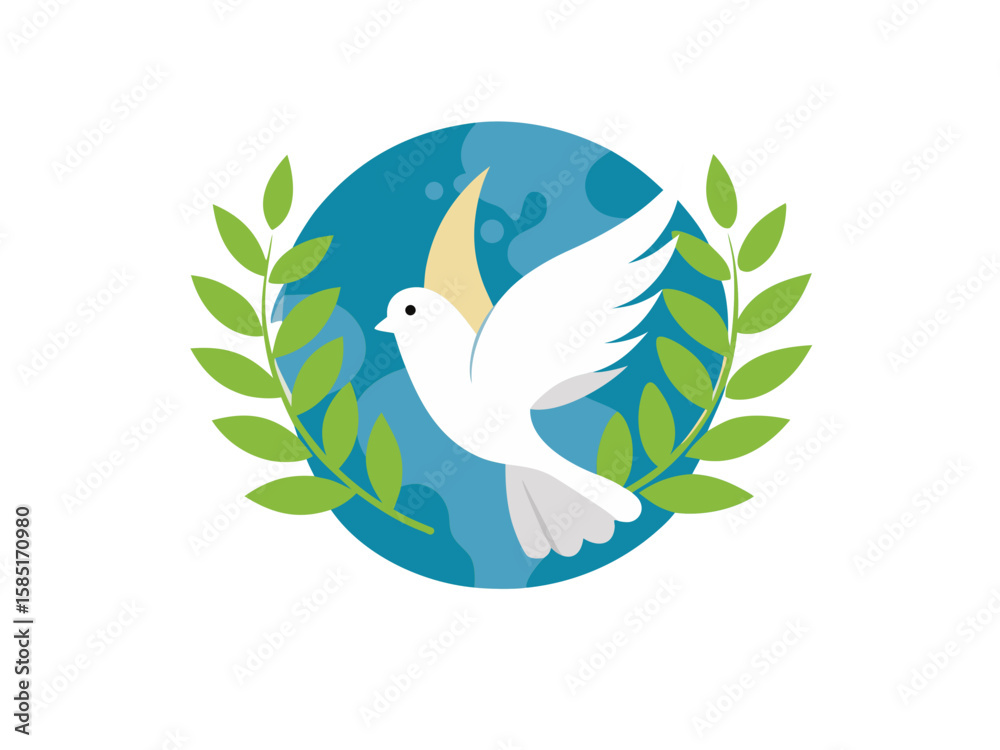 Obraz premium White dove of peace flying across planet earth with green laurel branches