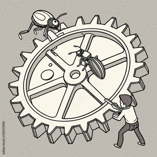 Illustration of a man pushing a large gear with two beetles on it in a whimsical style drawing