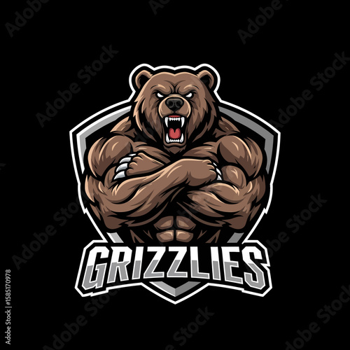 Adobe illustrator artwork of a ferocious grizzly bear mascot logo with powerful muscles and a snarling expression, ideal for sports teams, e-sports gaming, or a strong, untamed brand identity