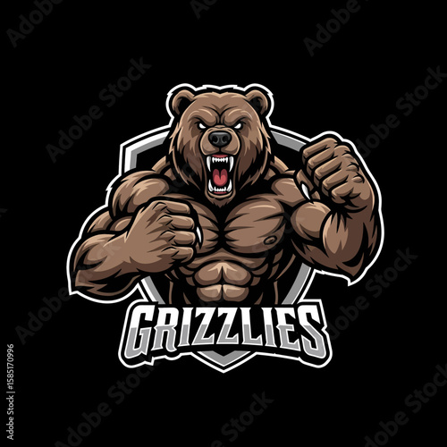 Adobe illustrator artwork of a ferocious grizzly bear mascot logo with powerful muscles and a snarling expression, ideal for sports teams, e-sports gaming, or a strong, untamed brand identity