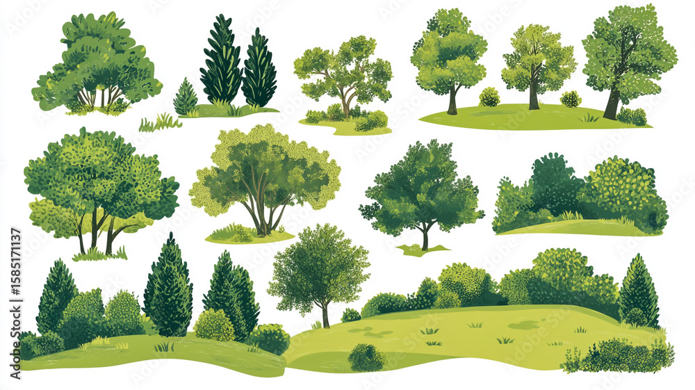 Obraz premium A set of lush green park landscapes showcases trimmed bushes and tall trees, offering vibrant and nature-inspired scenes with clear edges