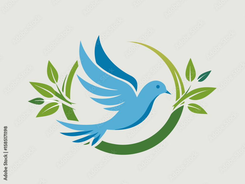 Fototapeta premium A blue dove with wings spread flies through a green laurel wreath symbol