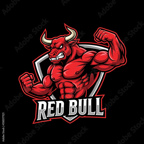 Adobe illustrator artwork of a powerful, vibrant red bull mascot logo with massive muscles and an aggressive expression, ideal for sports energy drinks, e-sports teams, or bold branding