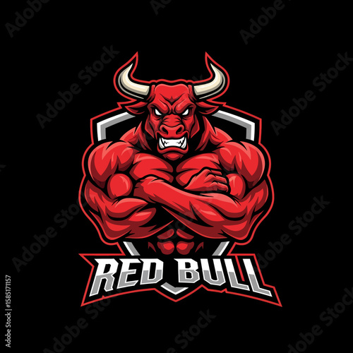 Adobe illustrator artwork of a powerful, vibrant red bull mascot logo with massive muscles and an aggressive expression, ideal for sports energy drinks, e-sports teams, or bold branding