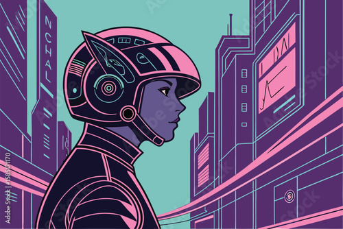 Profile view of a futuristic racer wearing a helmet in a neon lit cityscape with tall buildings