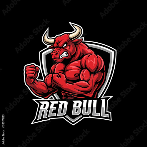 Adobe illustrator artwork of a powerful, vibrant red bull mascot logo with massive muscles and an aggressive expression, ideal for sports energy drinks, e-sports teams, or bold branding