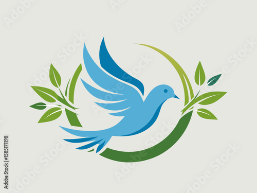 A blue dove with wings spread flies through a green laurel wreath symbol