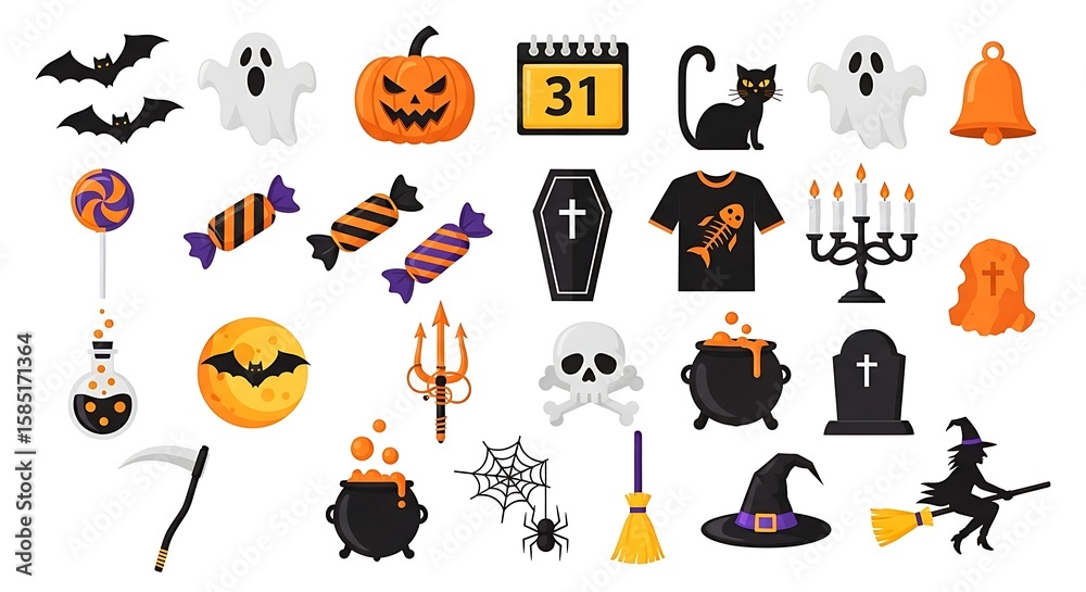 Fototapeta premium Flat Design Halloween Icons: Spooky, Festive, and Fun Vector Graphics for October 31st.