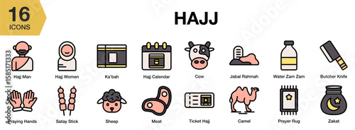 Hajj flat icon set. Includes hajj, pilgrimage, mecca, kaaba, islam, and More. Flat icons vector collection.