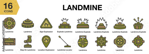 Landmine flat icon set. Includes landmine, danger, war, explosion, and More. Flat icons vector collection.