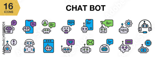 Chat Bot flat icon set. Includes chat, bot, chatbot, robot, ai, assistant, and More. Flat icons vector collection.