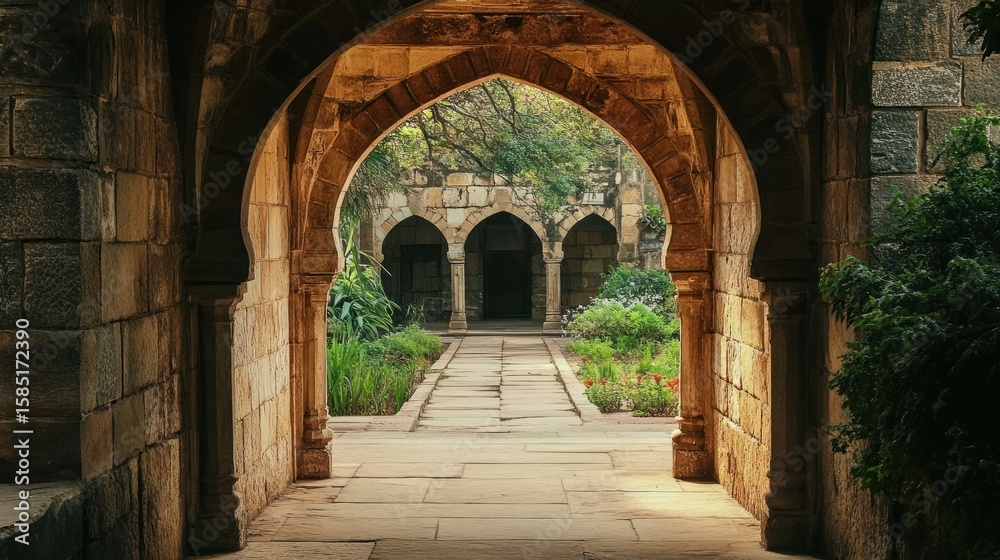 Fototapeta premium Ancient arched passageway leading to a serene courtyard garden.