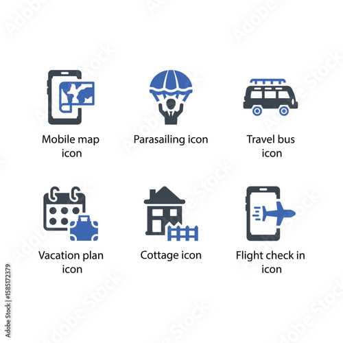 group-11Mobile map, Parasailing, Travel bus, Vacation plan, Cottage, Flight check in, icon