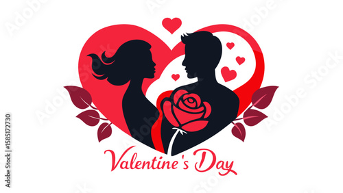 Romantic silhouette couple embraced within a heart shape with rose and hearts