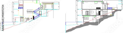 Vector sketch illustration of silhouette design section view of interior facade of a residential house with modern furniture