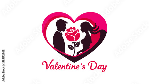 Romantic couple silhouettes sharing a rose inside a heart shape for valentine s day