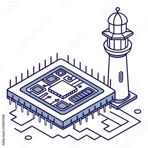 Isometric illustration of a microchip with pins and a lighthouse on a circuit board design with lines