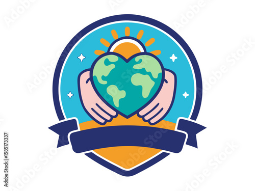 Hands holding a heart shaped earth with a sun and stars in a badge