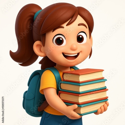 Happy Schoolgirl Holding Stack of Books. AI Generative.