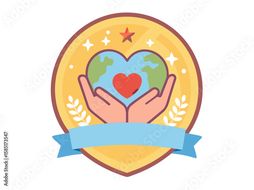 Hands holding the earth in a heart shape with a red heart inside and a ribbon