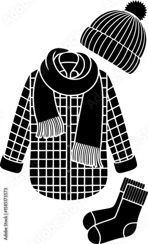 Bold black silhouette of flannel shirt with scarf, beanie, and wool socks, perfect for autumn fashion, cozy decor, seasonal designs, and winter apparel