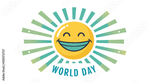 Happy sun character with sunburst rays and world day text
