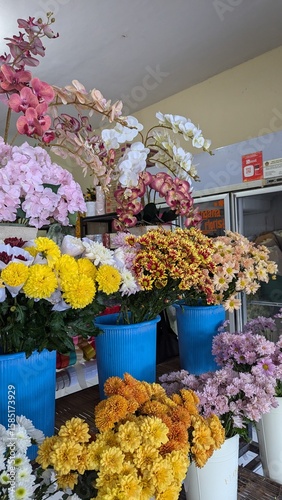 Colorful Fresh Flowers Displayed in Outdoor Flower Shop