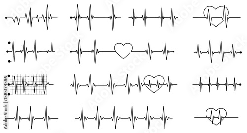 Vector Set: ECG Heartbeat Pulse Lines with Cardiac Rhythm  Heart Shapes