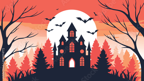 Illustration of a spooky haunted house on a hill with bats and trees against a full moon background