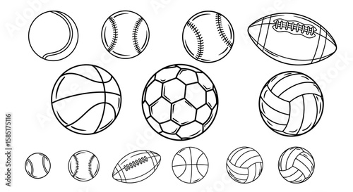 Sports Balls Collection: An assortment of various sports balls meticulously illustrated, capturing the essence of athletic competition.