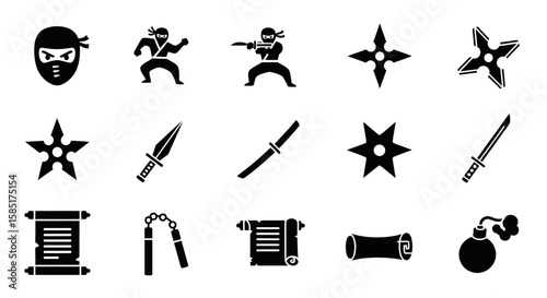 Ninja Icons Set: A comprehensive set of black and white ninja icons, including ninja figures in various poses, ninja stars (shurikens), swords (katana), daggers, scrolls, nunchaku, and a smoke bomb.