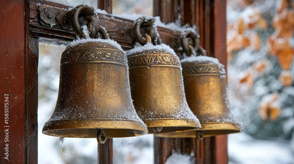 Obraz premium Three antique brass bells, covered in snow, hanging from a wooden structure