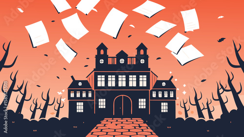 Illustration of a haunted house with falling papers and barren trees against an orange sky backdrop