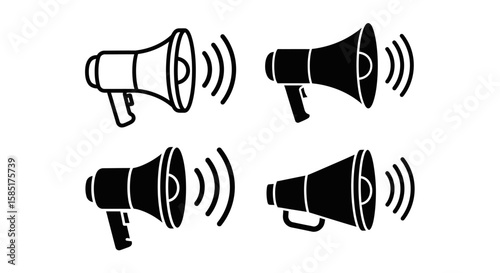 Megaphone Icon Set: A collection of minimalist megaphone icons, rendered in stark black and white, perfect for diverse design application.