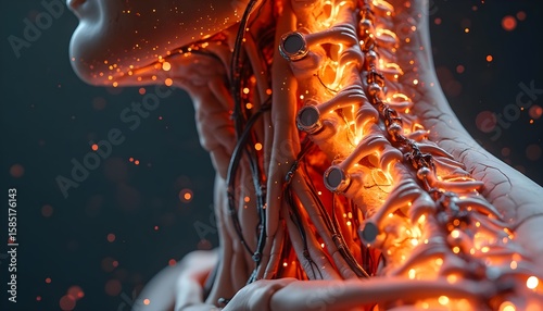 Close-up view of glowing human spine and neck structure with intricate detail in a dark, artistic setting showcasing anatomical features and vibrant lighting effects Generative AI